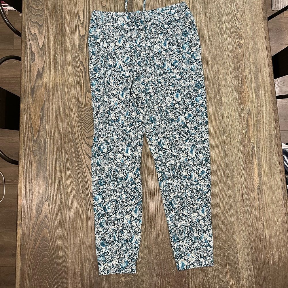 NWOT J. Jill Jogger Pants Floral High Rise Elastic Waist Blue White Size S